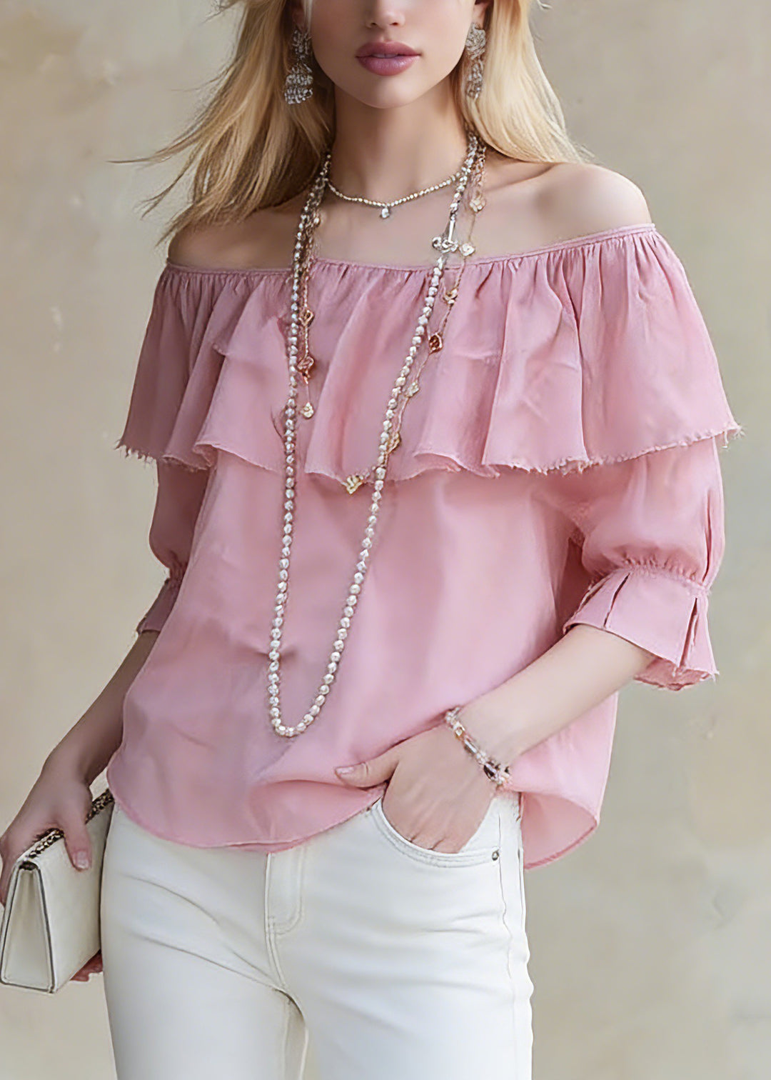 Cute Red Slash Neck Ruffled Patchwork Solid Top Half Sleeve