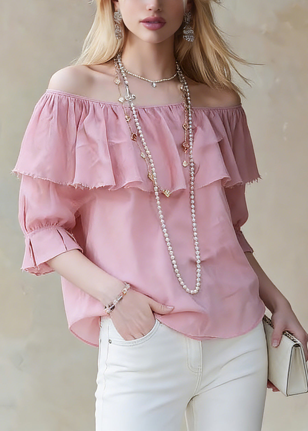 Cute Red Slash Neck Ruffled Patchwork Solid Top Half Sleeve