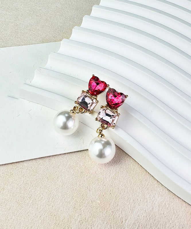 Cute Red Sterling Silver Alloy Love Crystal Zircon PearlDrop Earrings