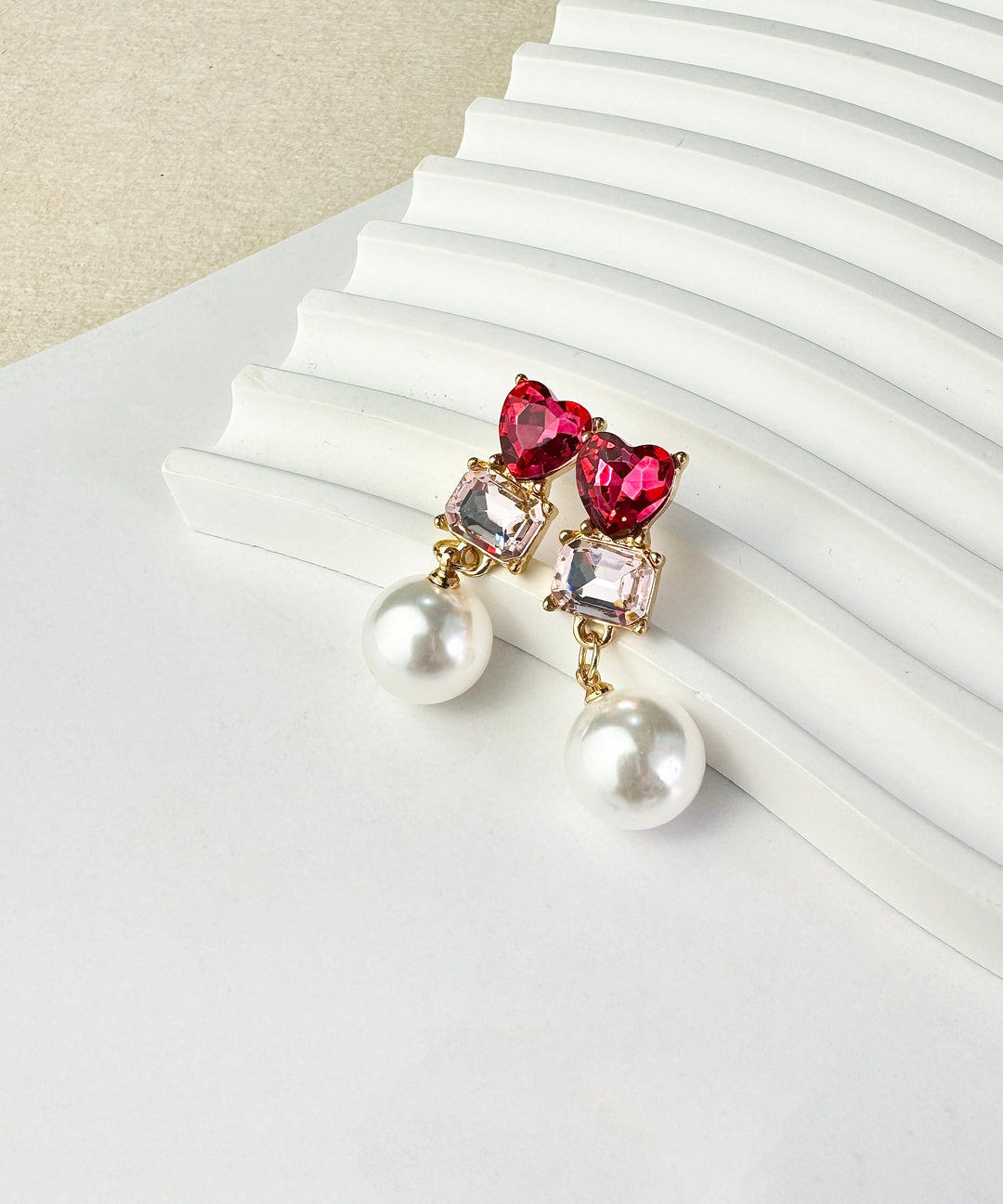 Cute Red Sterling Silver Alloy Love Crystal Zircon PearlDrop Earrings