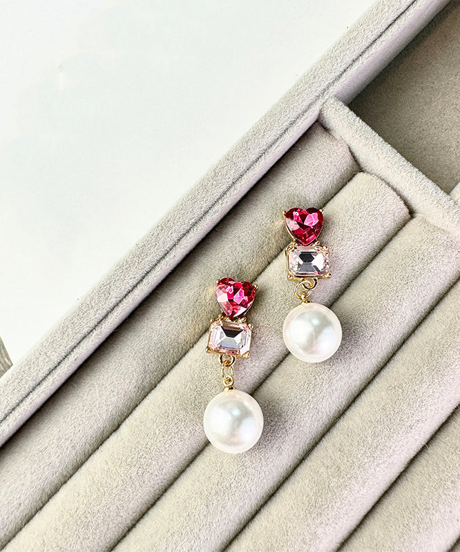 Cute Red Sterling Silver Alloy Love Crystal Zircon PearlDrop Earrings