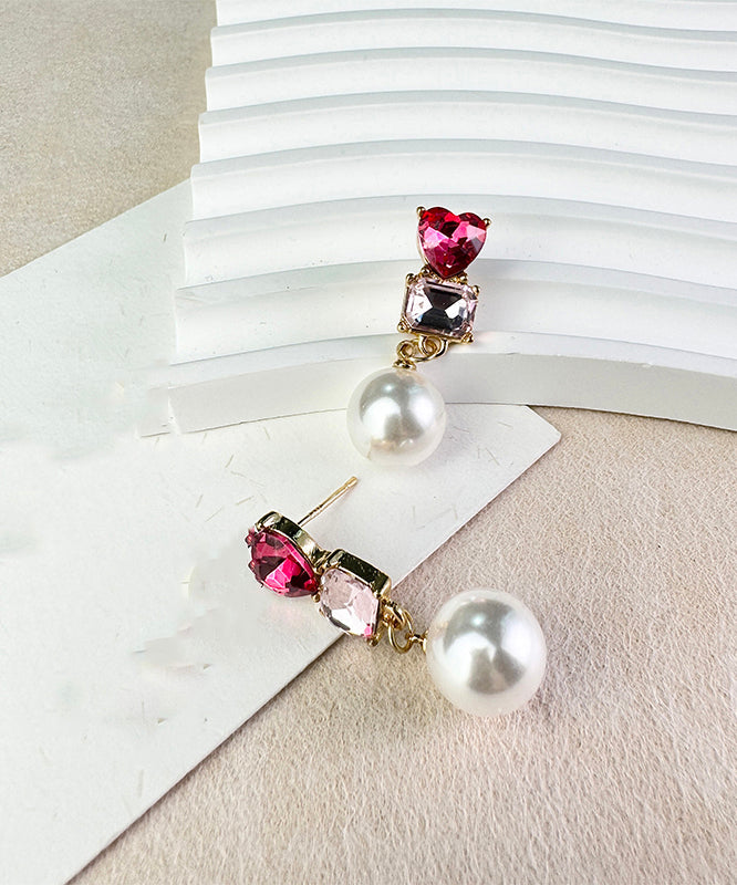 Cute Red Sterling Silver Alloy Love Crystal Zircon PearlDrop Earrings