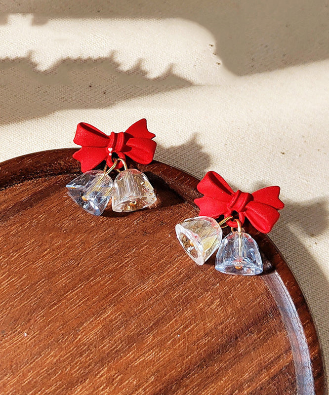 Cute Red Sterling Silver Crystal Bow Bell Drop Earrings