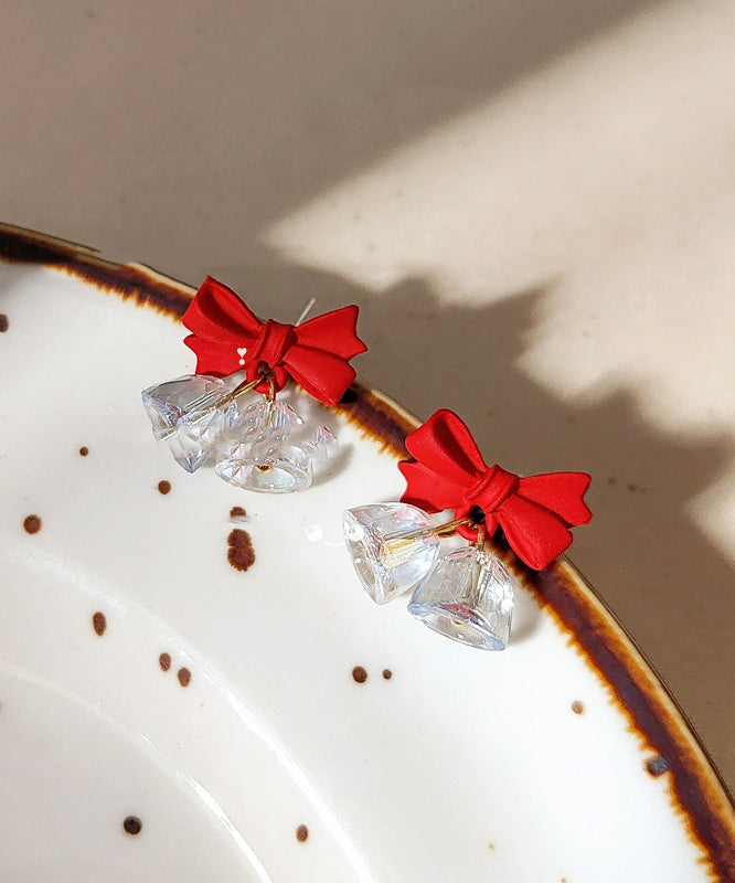 Cute Red Sterling Silver Crystal Bow Bell Drop Earrings