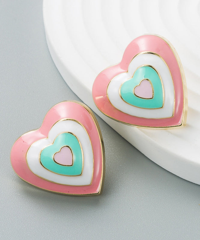 Cute Rose Alloy Drip Glaze Patchwork Love Stud Earrings