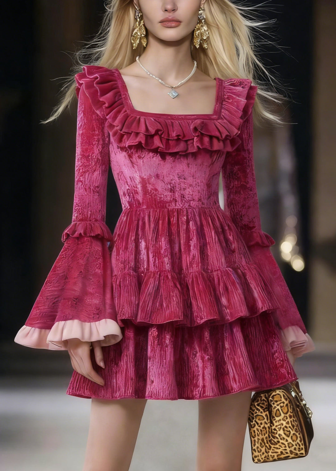 Cute Rose Square Collar Ruffled Patchwork Mini Dresses Flare Sleeve - Omychic