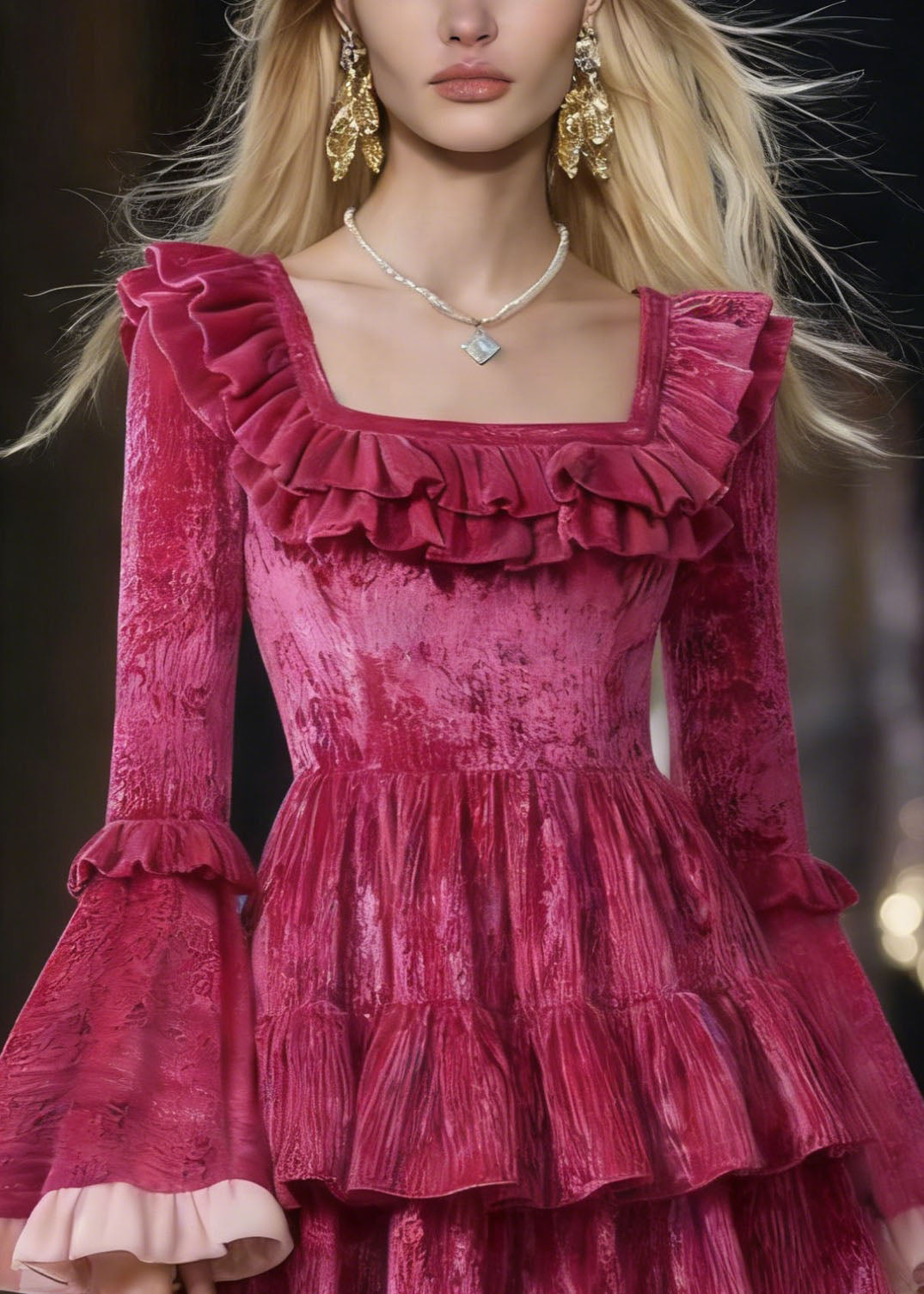 Cute Rose Square Collar Ruffled Patchwork Mini Dresses Flare Sleeve - Omychic