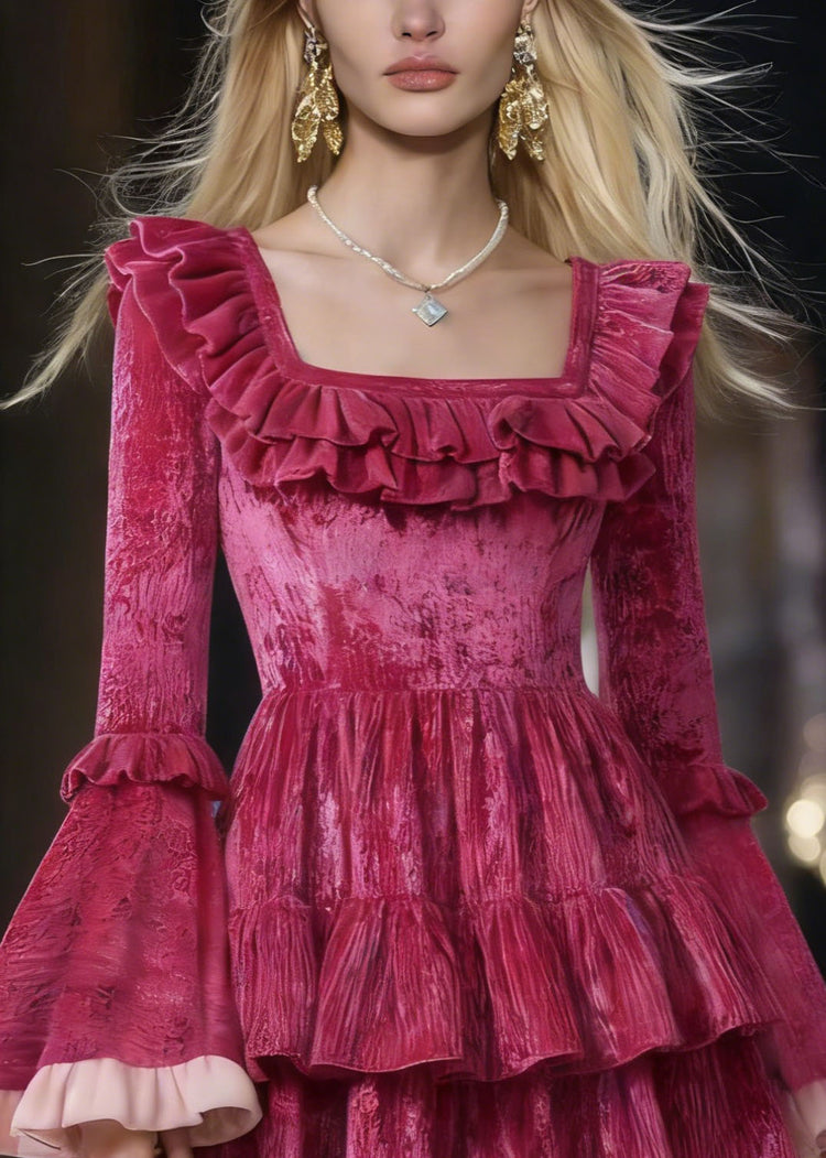 Cute Rose Square Collar Ruffled Patchwork Mini Dresses Flare Sleeve - Omychic