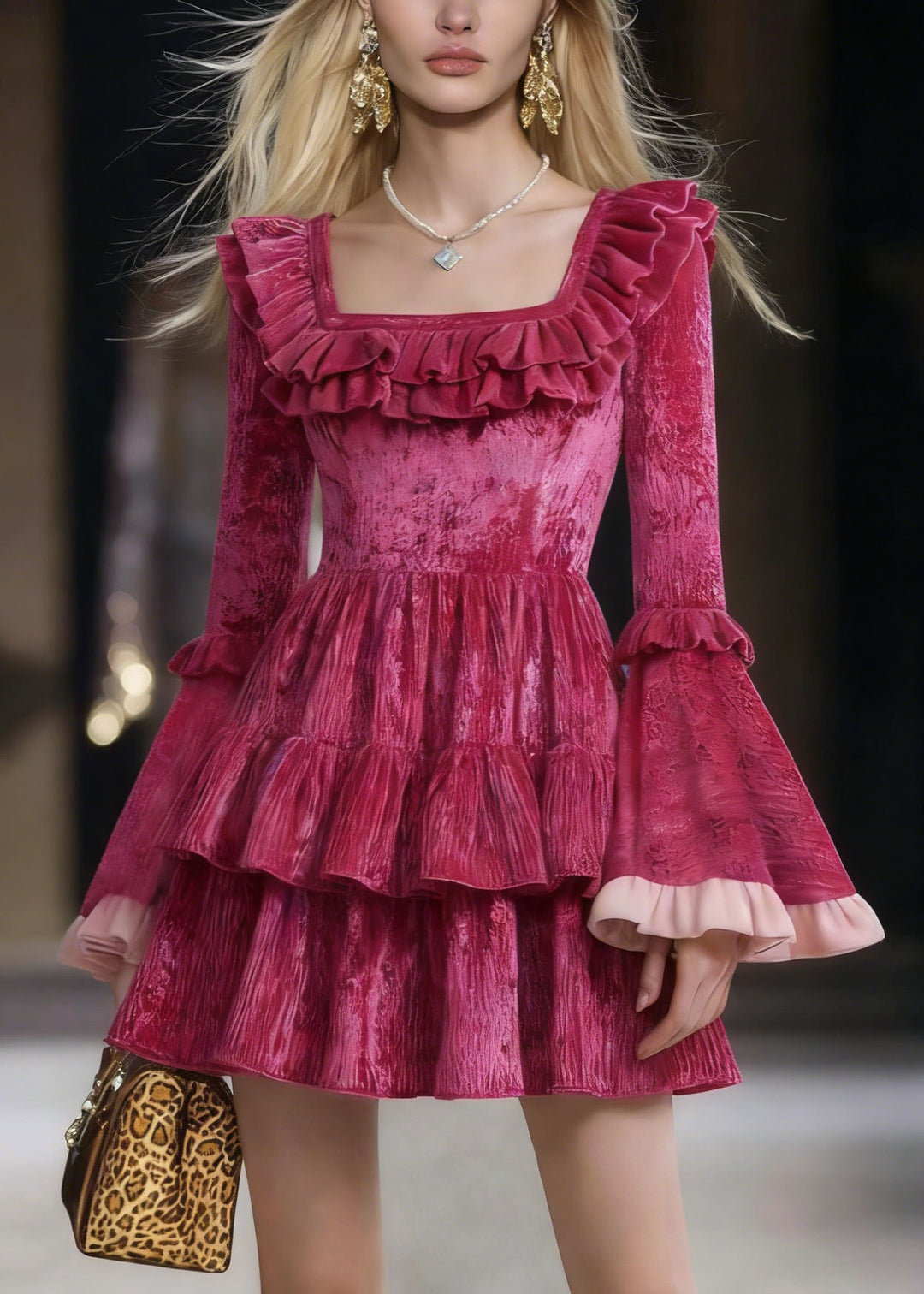 Cute Rose Square Collar Ruffled Patchwork Mini Dresses Flare Sleeve - Omychic