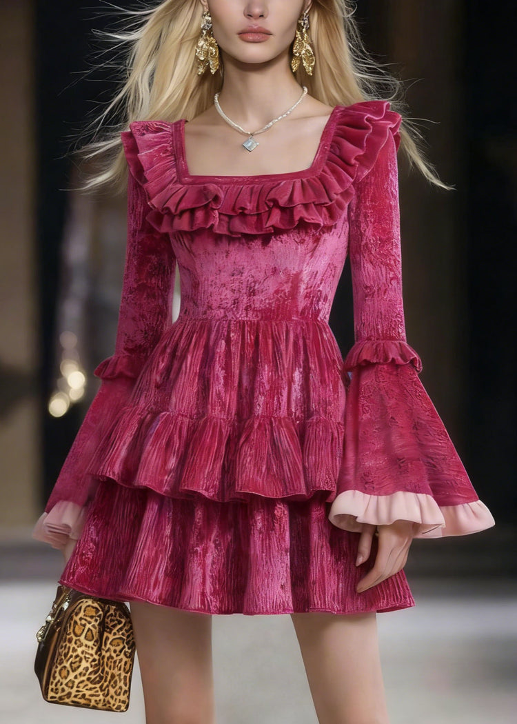 Cute Rose Square Collar Ruffled Patchwork Mini Dresses Flare Sleeve - Omychic