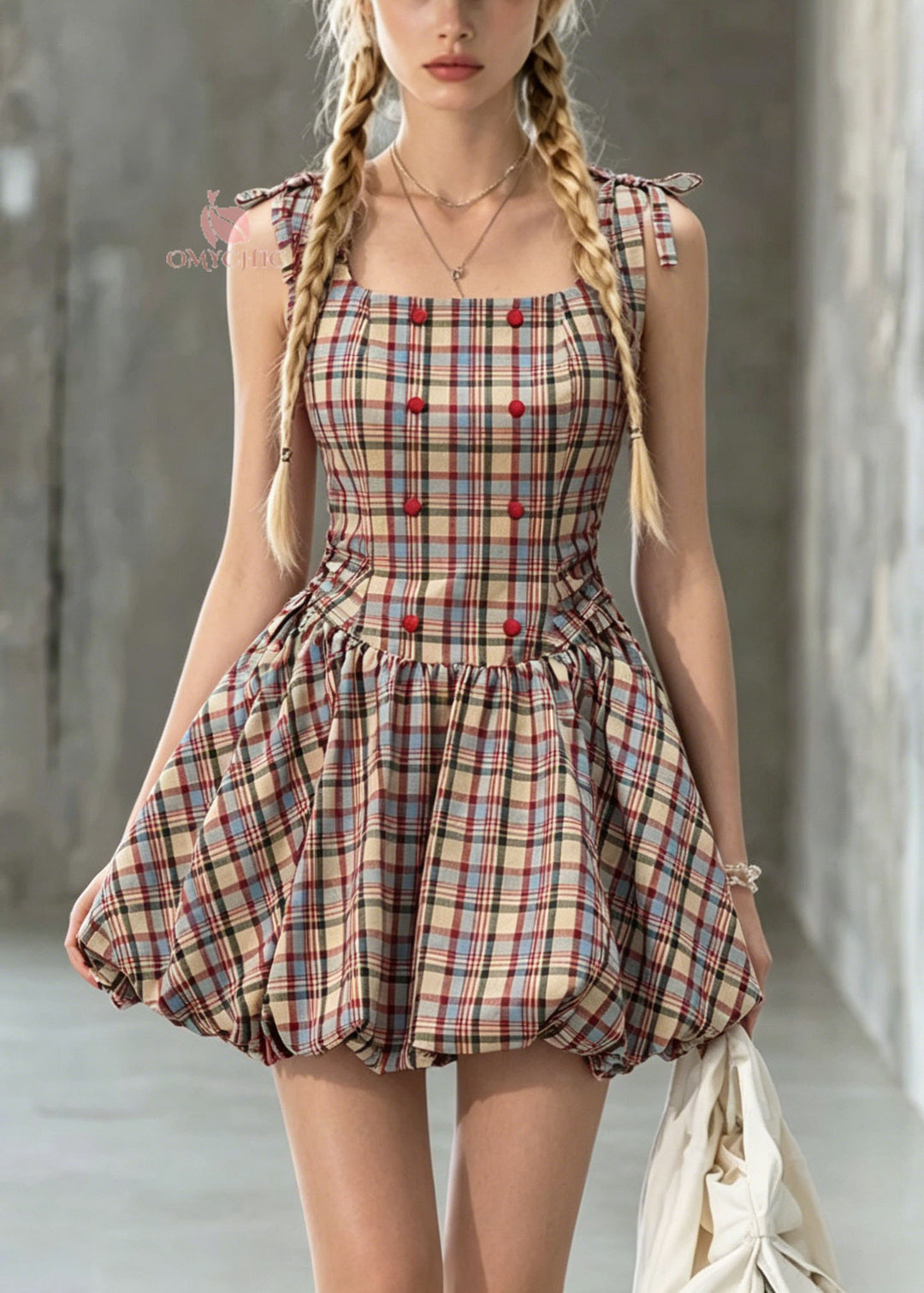 Cute Square Collar Plaid Lace Up Cotton Mini Dress Summer
