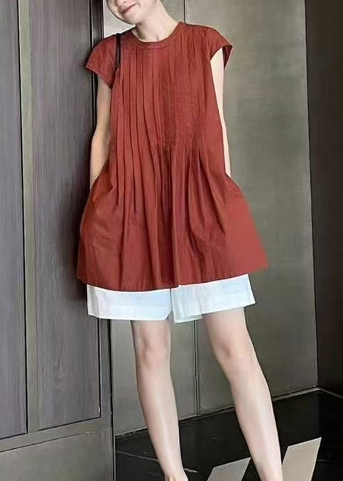Cute Terracotta Comfortable Fabric Pleated Shirt Sleeveless