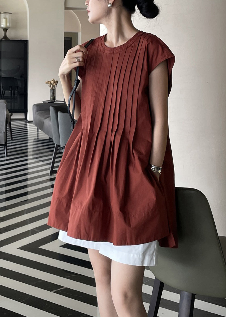 Cute Terracotta Comfortable Fabric Pleated Shirt Sleeveless