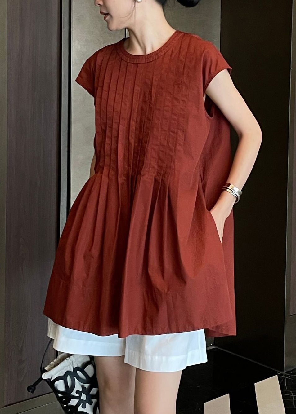 Cute Terracotta Comfortable Fabric Pleated Shirt Sleeveless
