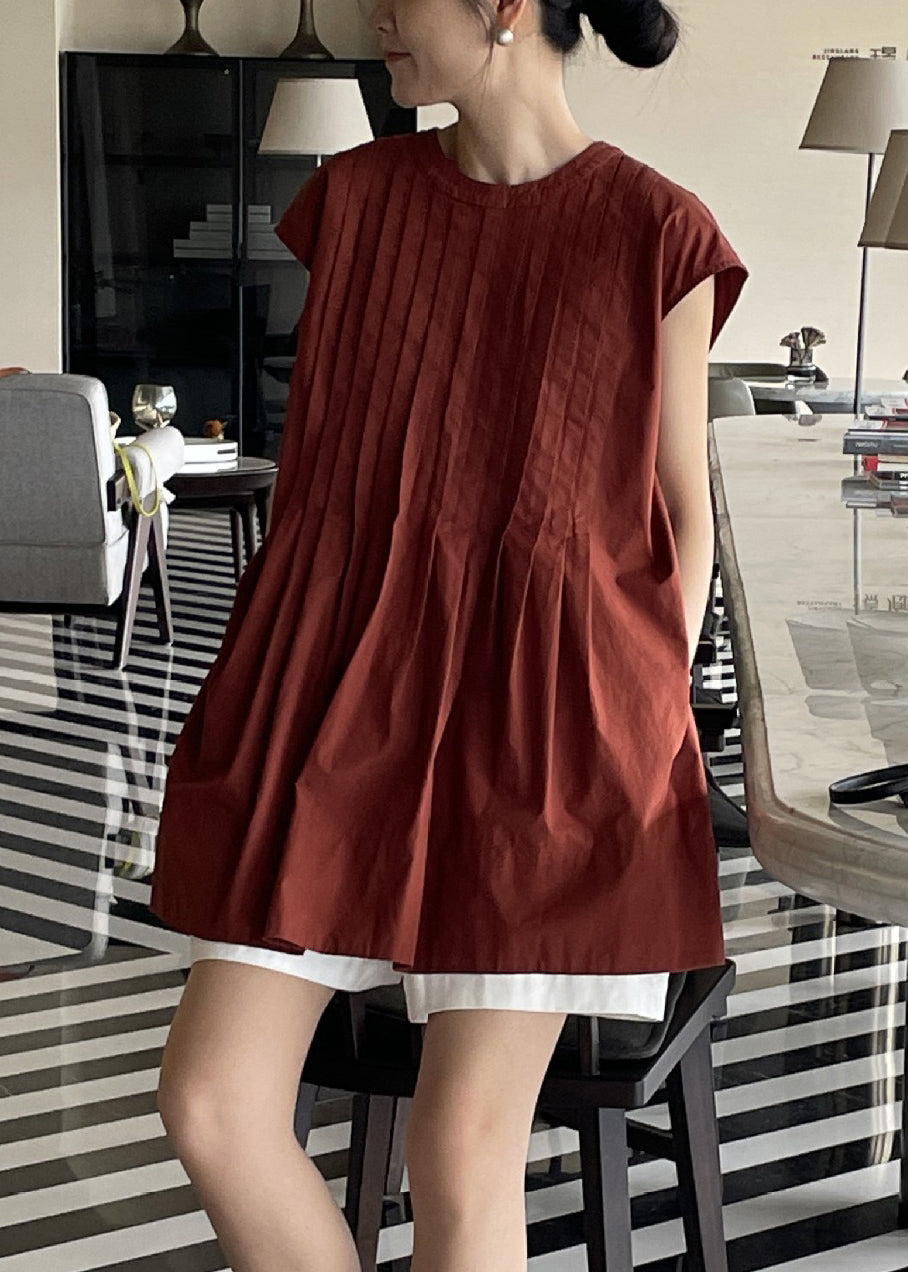 Cute Terracotta Comfortable Fabric Pleated Shirt Sleeveless