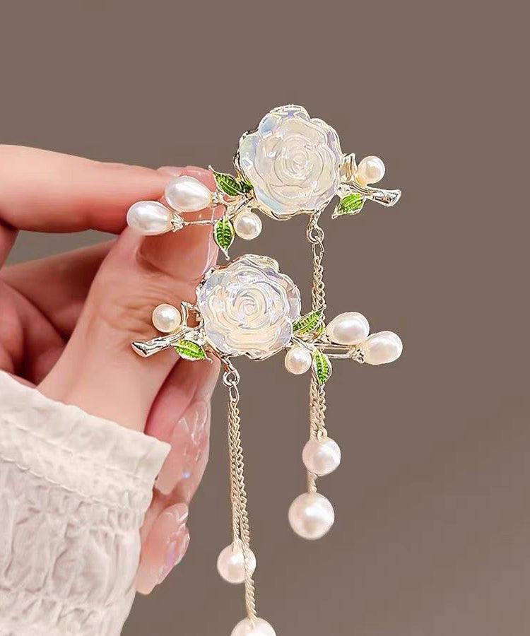 Cute White Alloy Colored Glaze Camellia Pearl Tassel A Pair Hairpin
