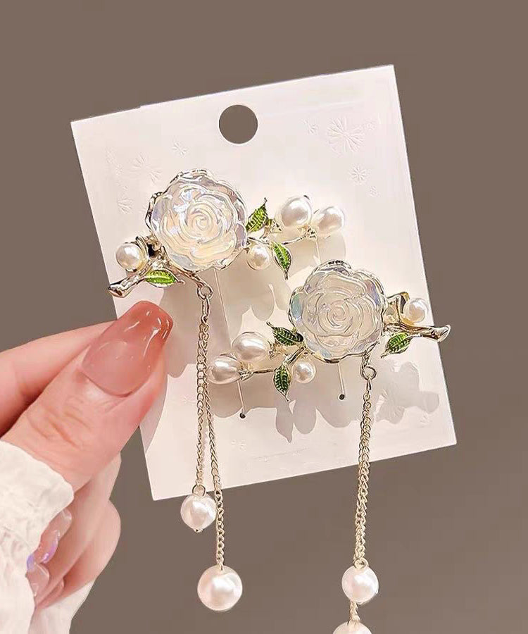 Cute White Alloy Colored Glaze Camellia Pearl Tassel A Pair Hairpin