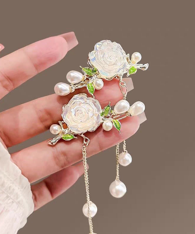 Cute White Alloy Colored Glaze Camellia Pearl Tassel A Pair Hairpin