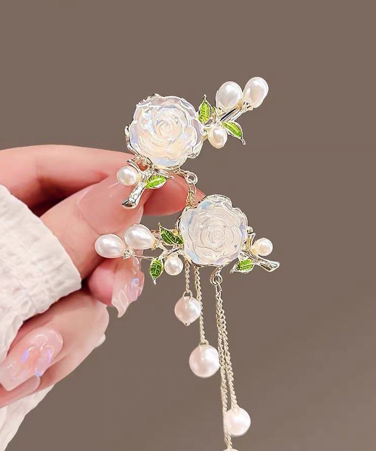 Cute White Alloy Colored Glaze Camellia Pearl Tassel A Pair Hairpin