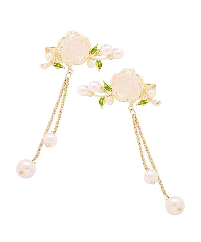 Cute White Alloy Colored Glaze Camellia Pearl Tassel A Pair Hairpin