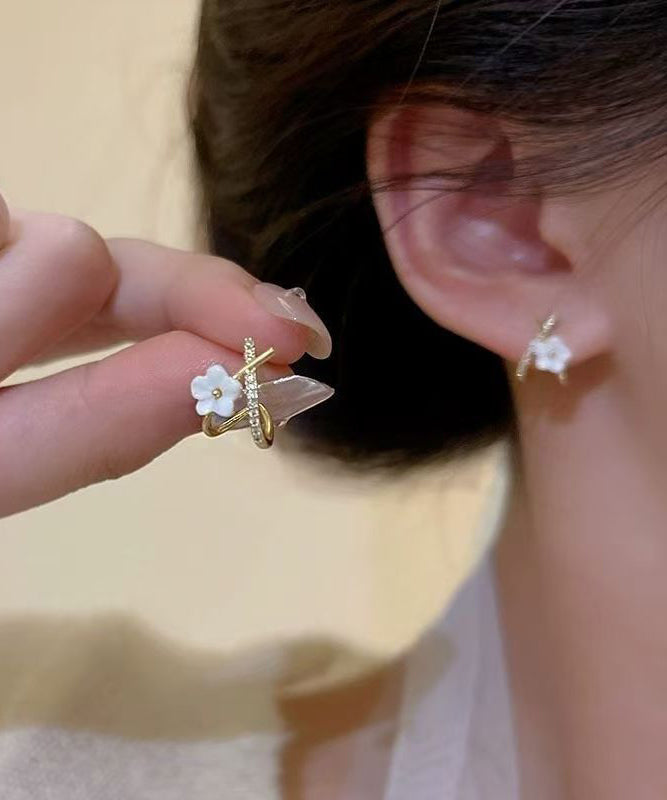 Cute White Copper Ovegild Zircon Cross Floral Stud Earrings