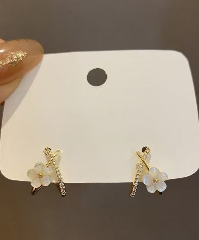 Cute White Copper Ovegild Zircon Cross Floral Stud Earrings