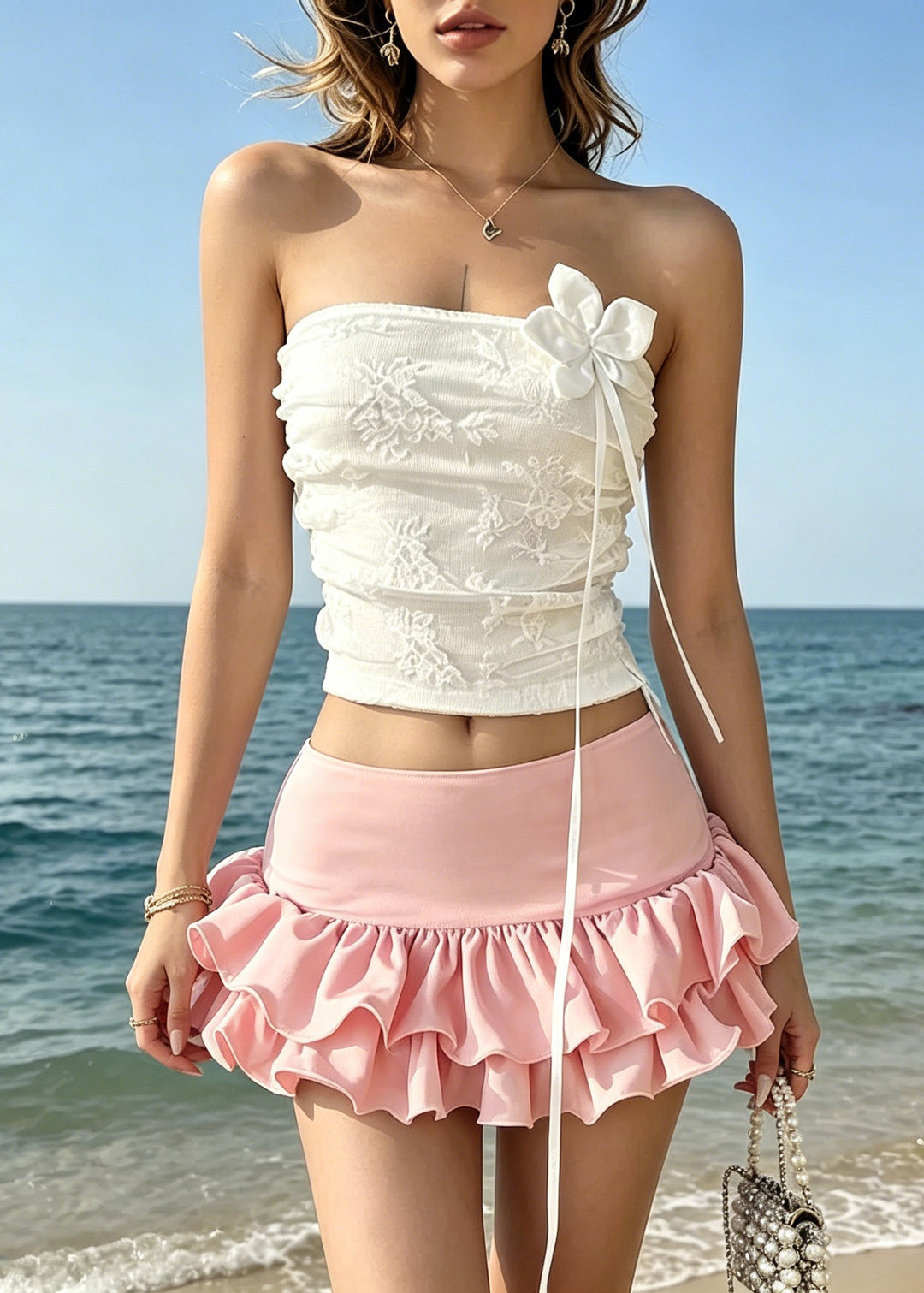 Cute White Floral Vest And Skirts Two Piece Set Sleeveless