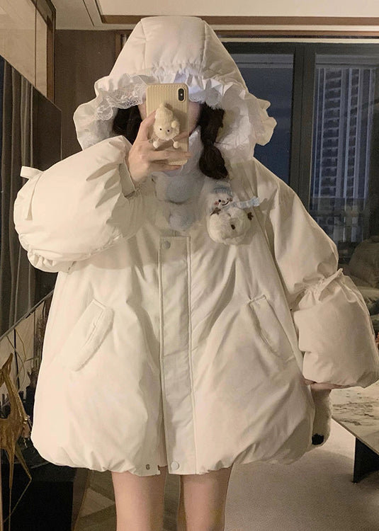 Cute White Hooded Pockets Fine Cotton Filled Jacket Winter