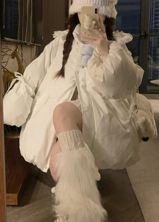 Cute White Hooded Pockets Fine Cotton Filled Jacket Winter