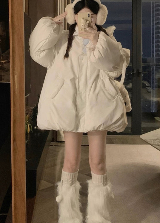 Cute White Hooded Pockets Fine Cotton Filled Jacket Winter
