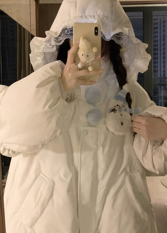 Cute White Hooded Pockets Fine Cotton Filled Jacket Winter