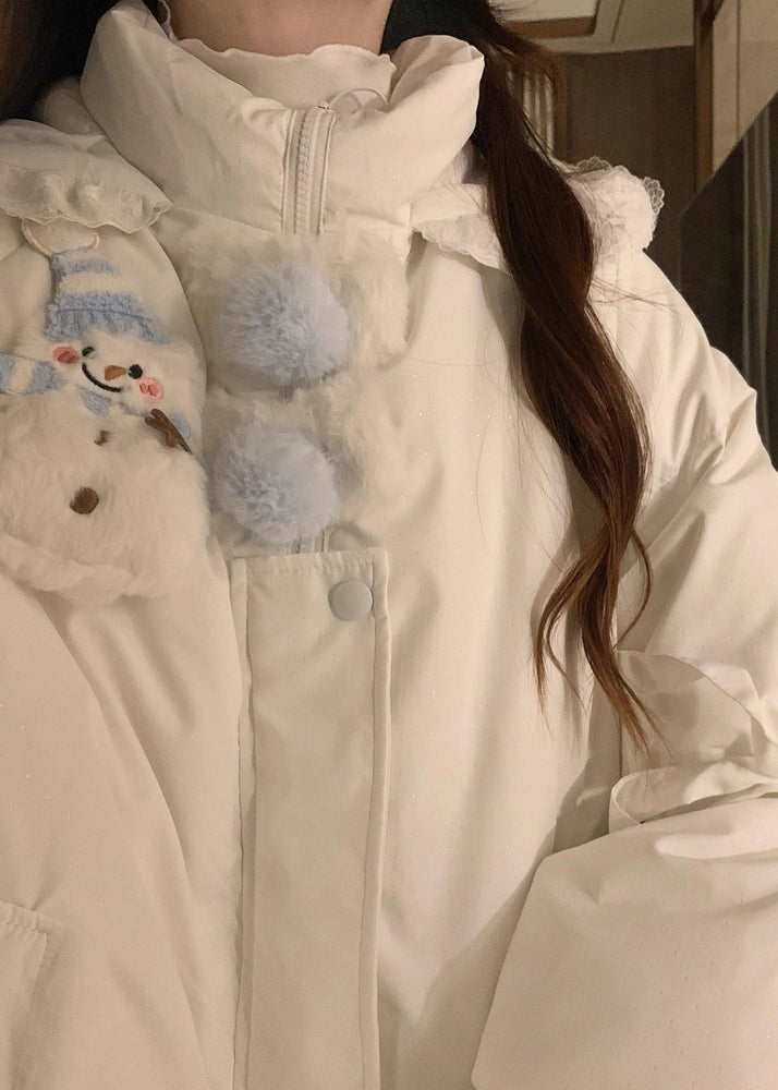 Cute White Hooded Pockets Fine Cotton Filled Jacket Winter