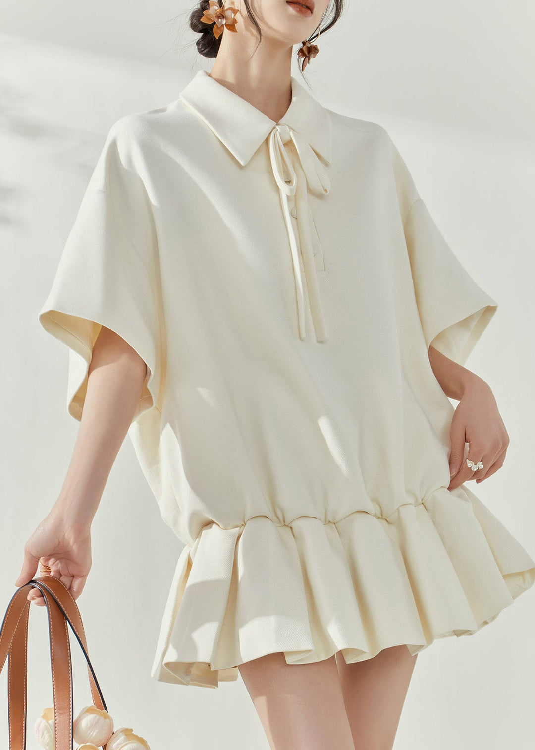 Cute White Peter Pan Collar Tie Lace Mid Dresses Short Sleeve