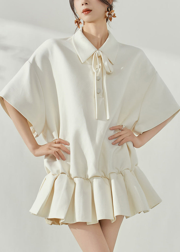 Cute White Peter Pan Collar Tie Lace Mid Dresses Short Sleeve