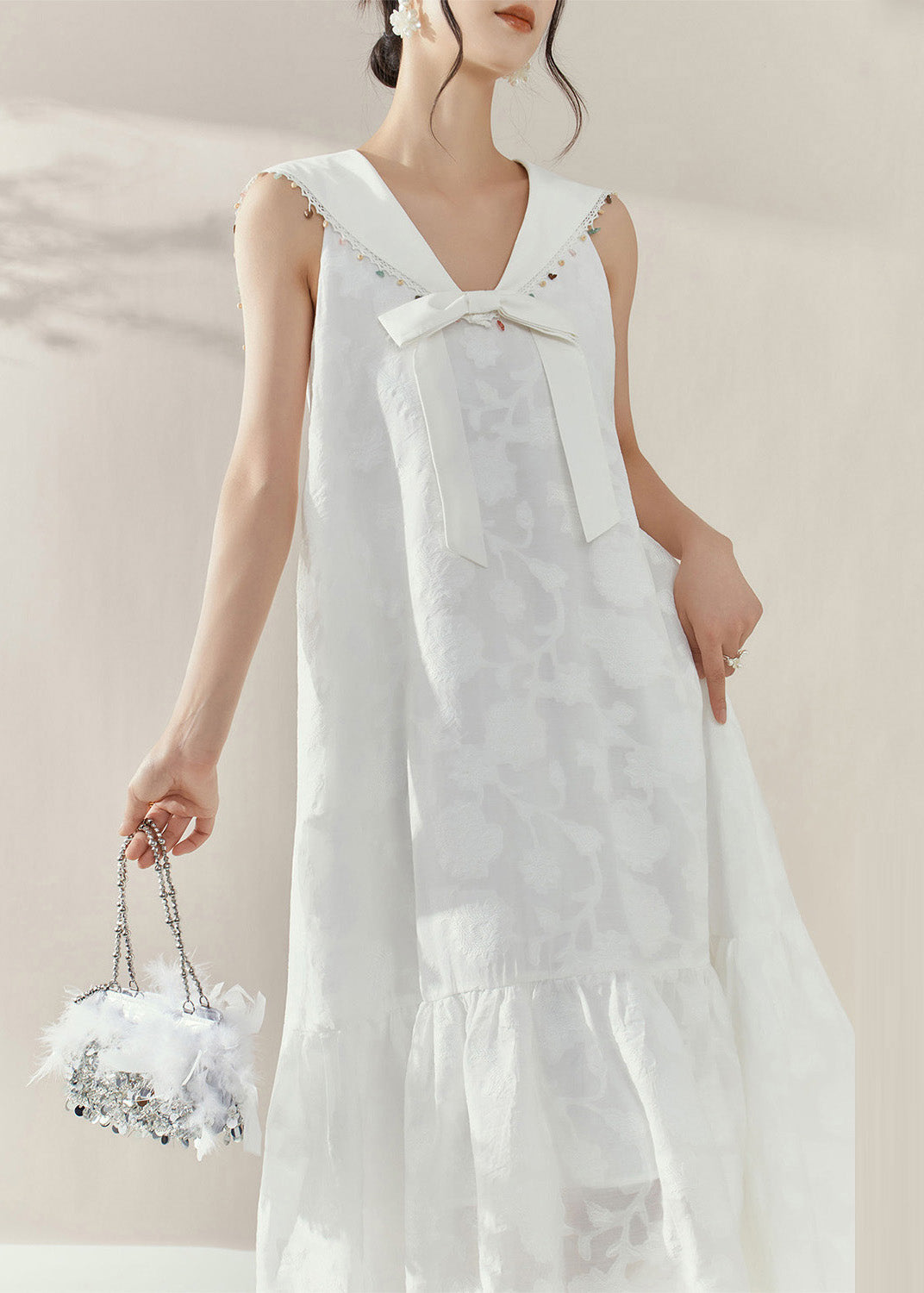 Cute White Sailor Collar Patchwork Party Long Dress Sleeveless