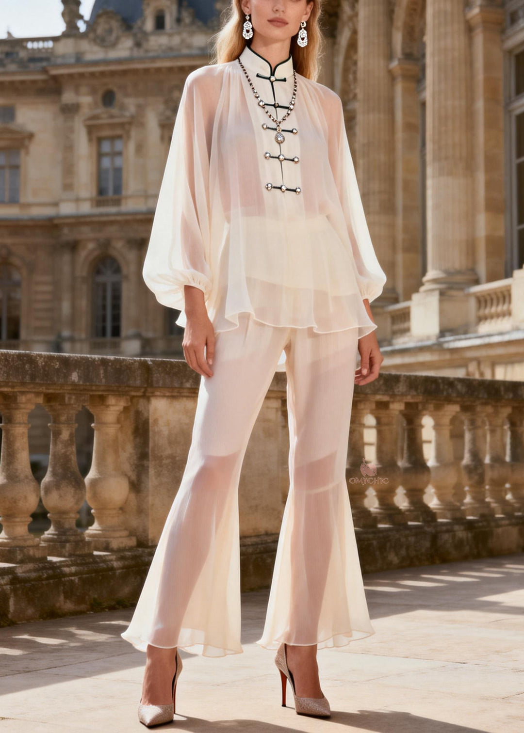 Cute White Stand Collar Chiffon Shirts And Flared Trousers Two Pieces Set Lantern Sleeve