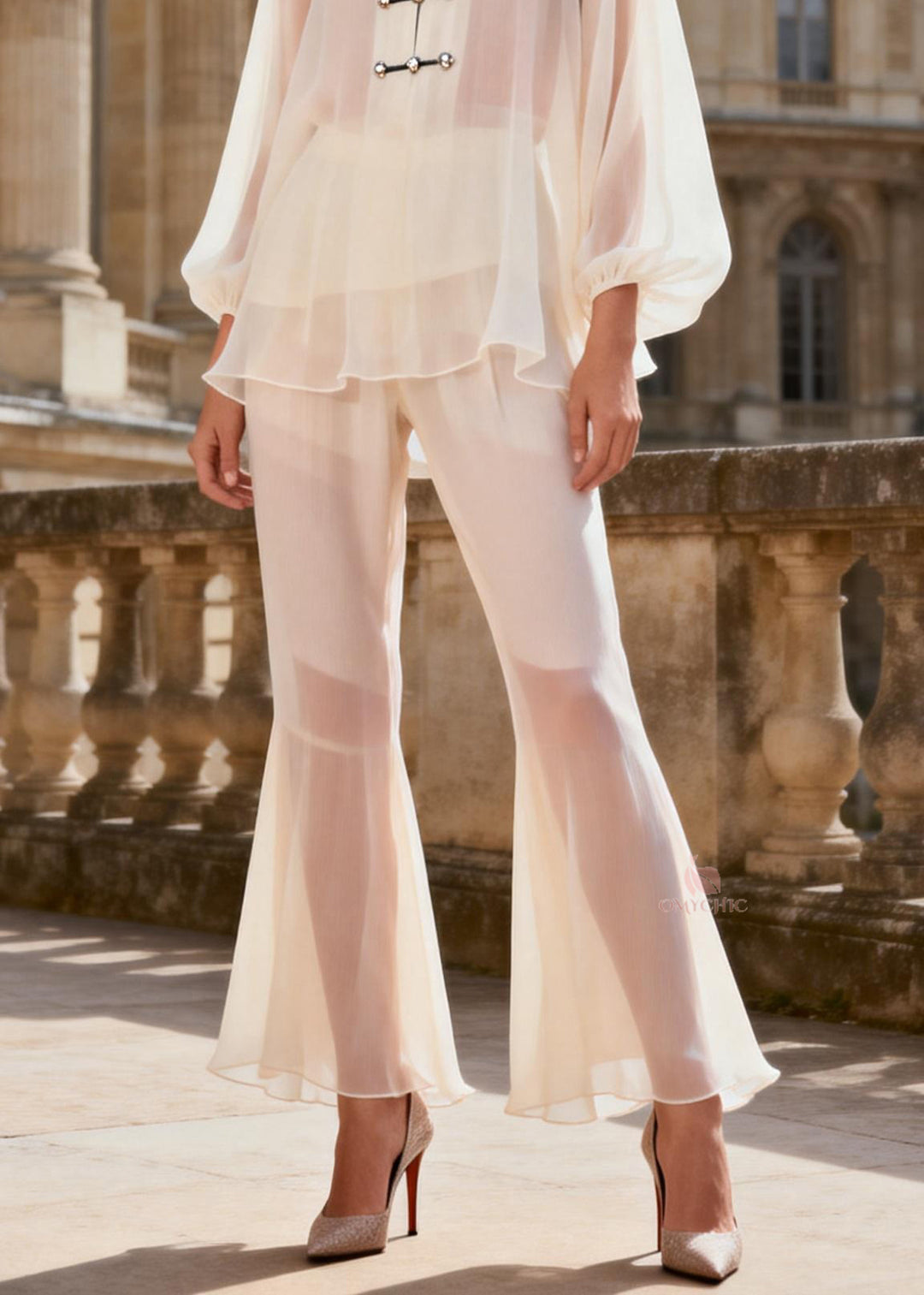 Cute White Stand Collar Chiffon Shirts And Flared Trousers Two Pieces Set Lantern Sleeve