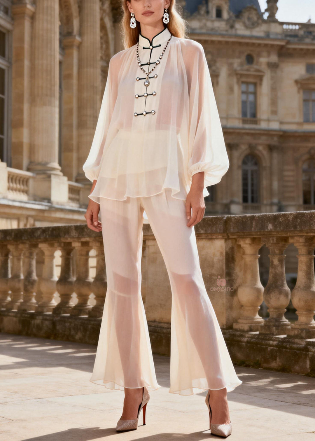 Cute White Stand Collar Chiffon Shirts And Flared Trousers Two Pieces Set Lantern Sleeve