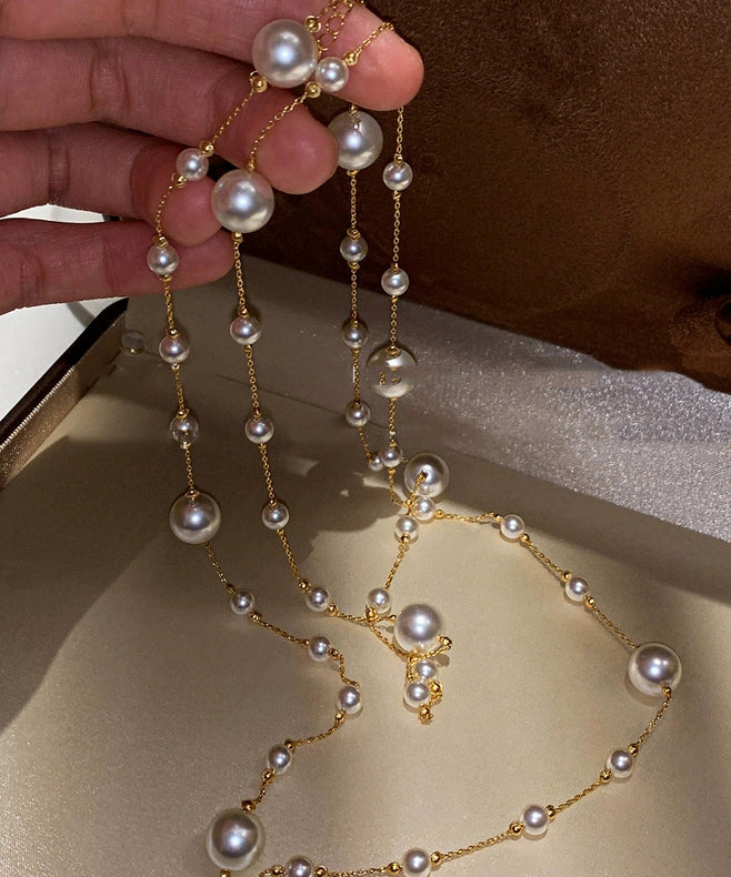 Cute White Sterling Silver Overgild Pearl Sweaters Lariat Necklace