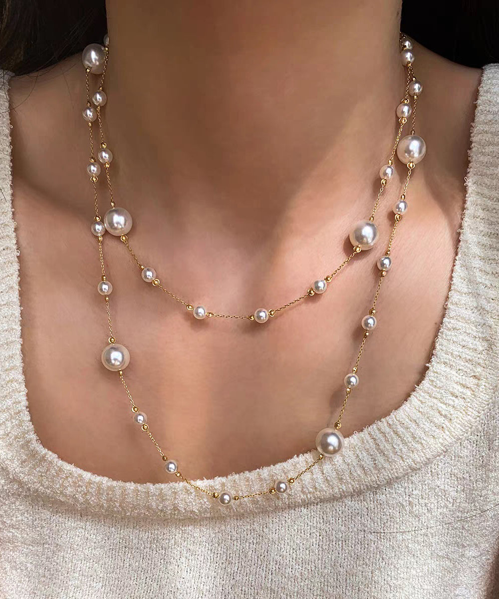 Cute White Sterling Silver Overgild Pearl Sweaters Lariat Necklace