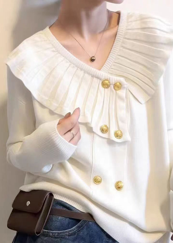 Cute White V Neck Cotton Knit Sweater Spring