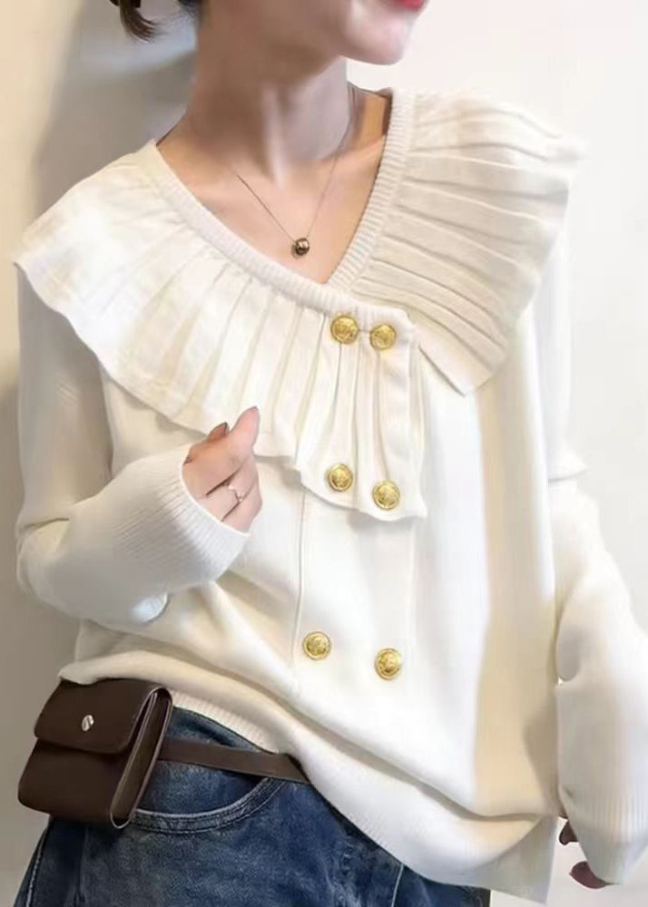 Cute White V Neck Cotton Knit Sweater Spring