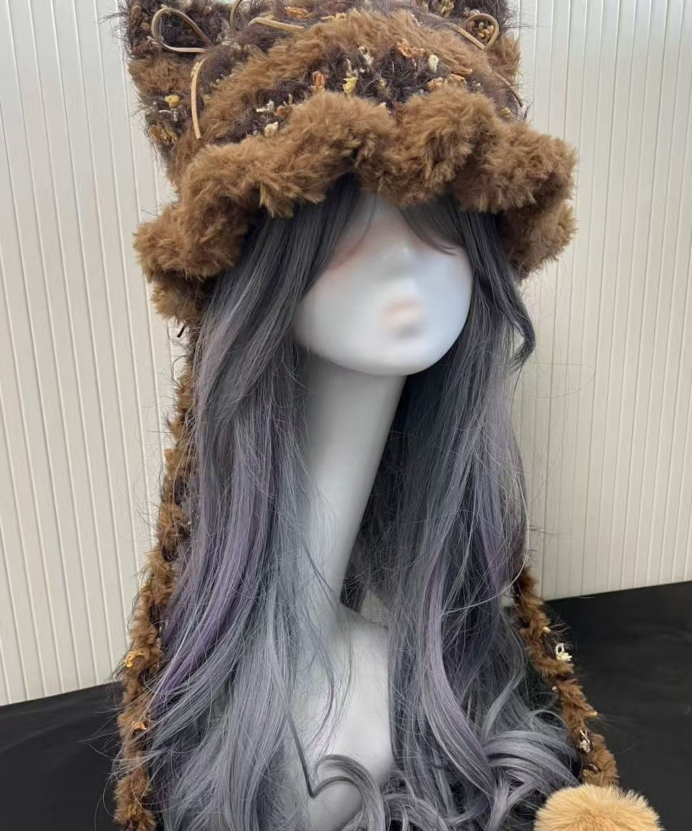 Cute Winter Knitted Patchwork Fuzzy Fur Thick Warm Hat