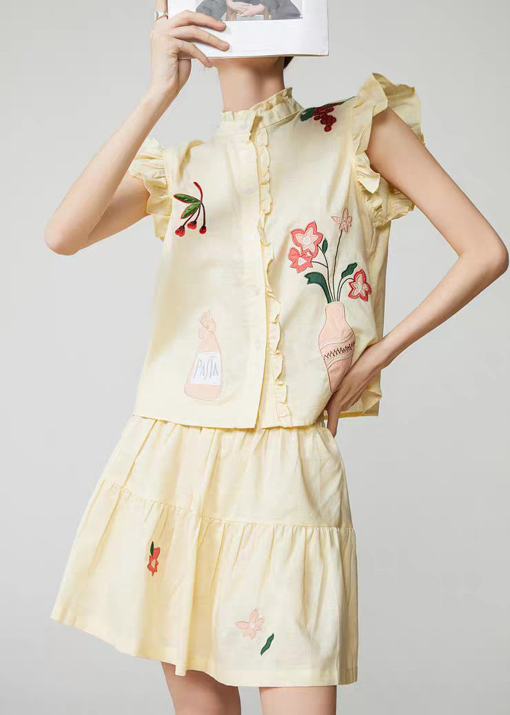 Cute Yellow Embroidered Top And Skirts Two Pieces Set Sleeveless
