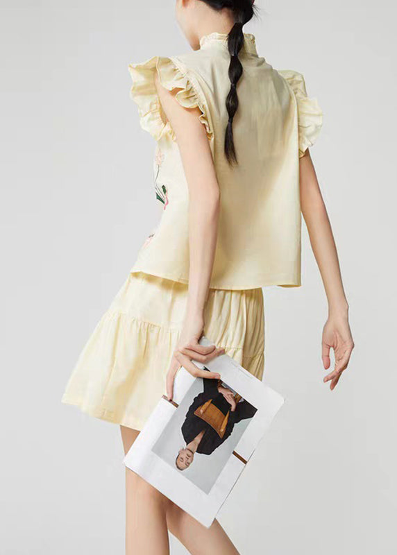 Cute Yellow Embroidered Top And Skirts Two Pieces Set Sleeveless