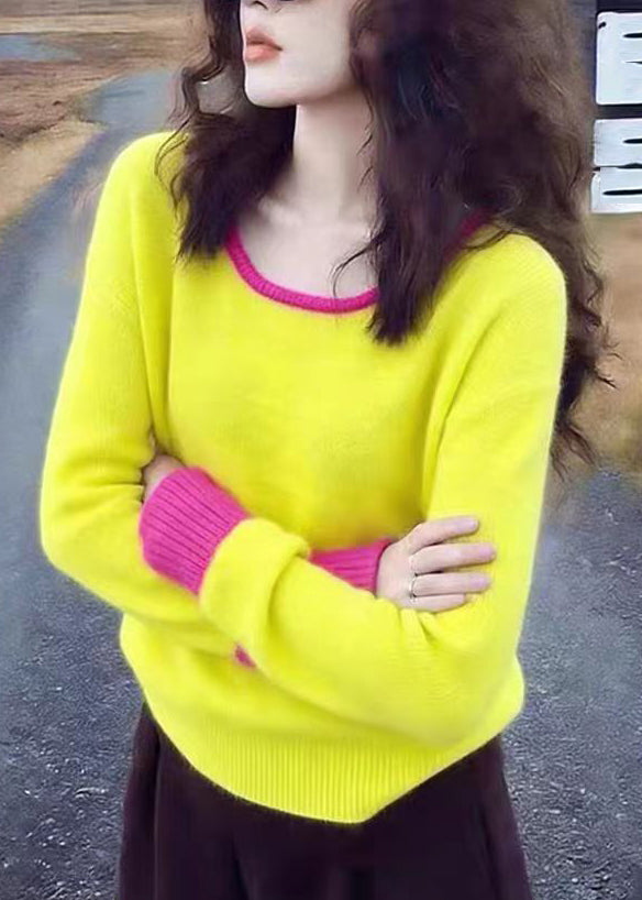 Cute Yellow O-Neck Patchwork Cotton Knit Sweater Spring