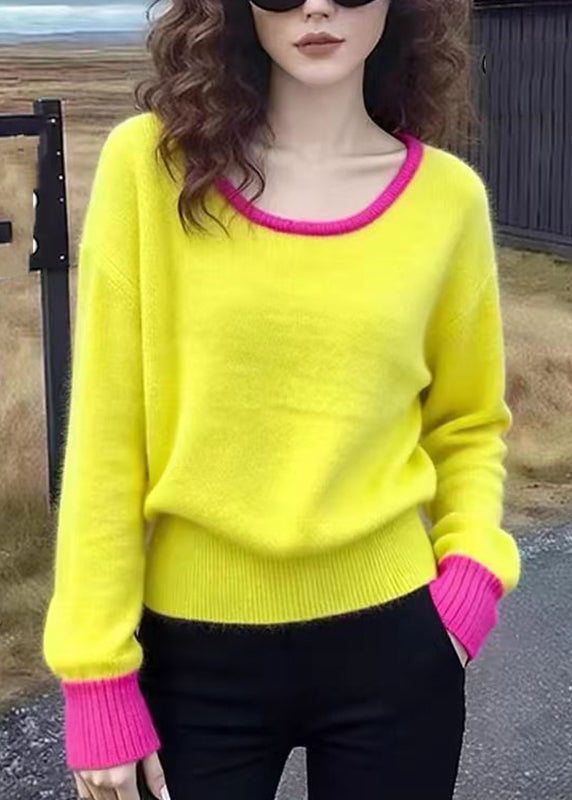 Cute Yellow O-Neck Patchwork Cotton Knit Sweater Spring