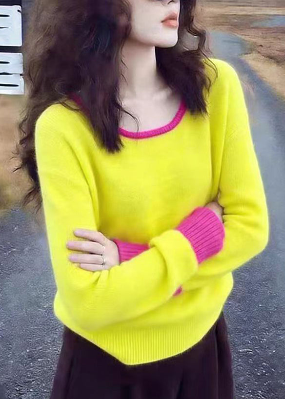 Cute Yellow O-Neck Patchwork Cotton Knit Sweater Spring