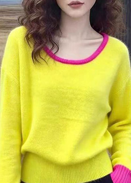 Cute Yellow O-Neck Patchwork Cotton Knit Sweater Spring