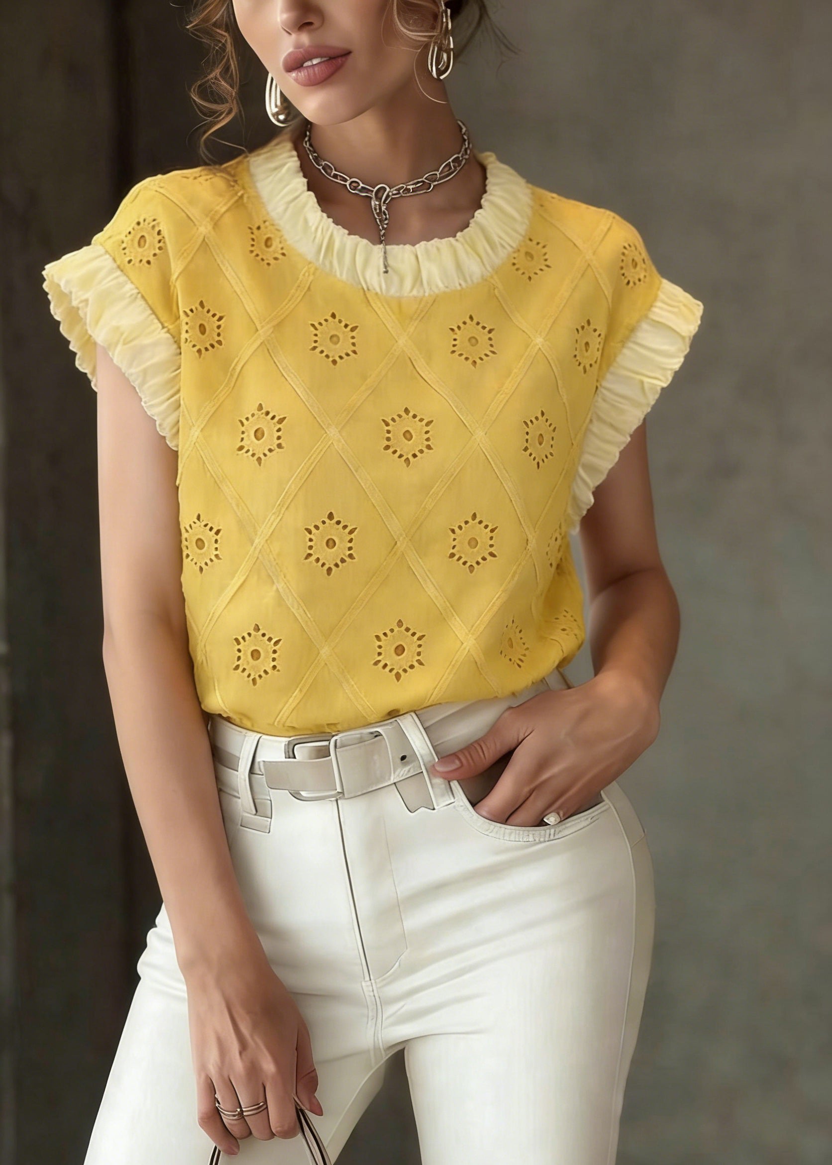 Cute Yellow Patchwork Hollow Out T Shirt Summer - Omychic